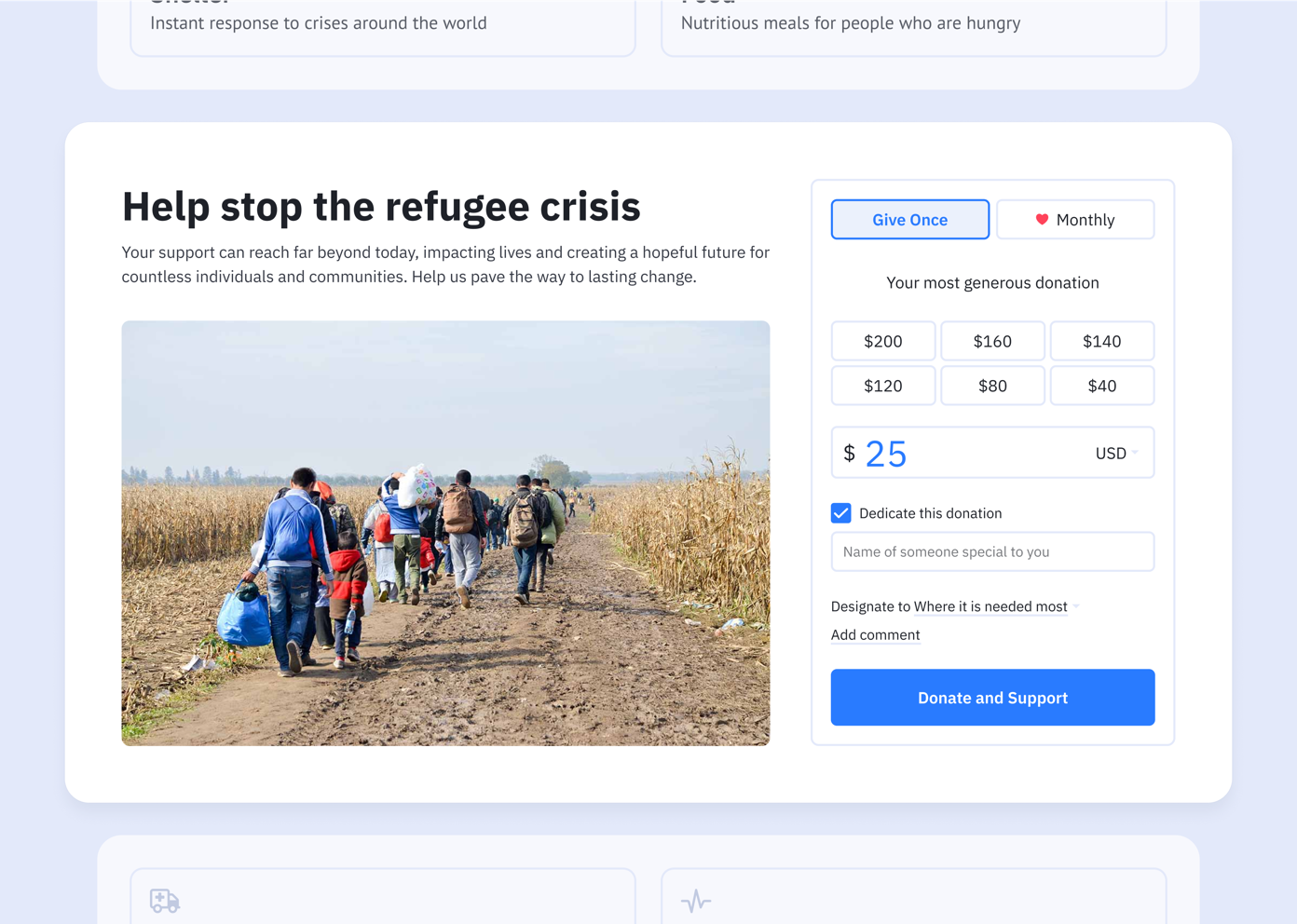 Group of people walking along a dirt path through a field, carrying bags and backpacks, symbolizing the refugee crisis. Text encourages donations to support affected individuals and communities.
