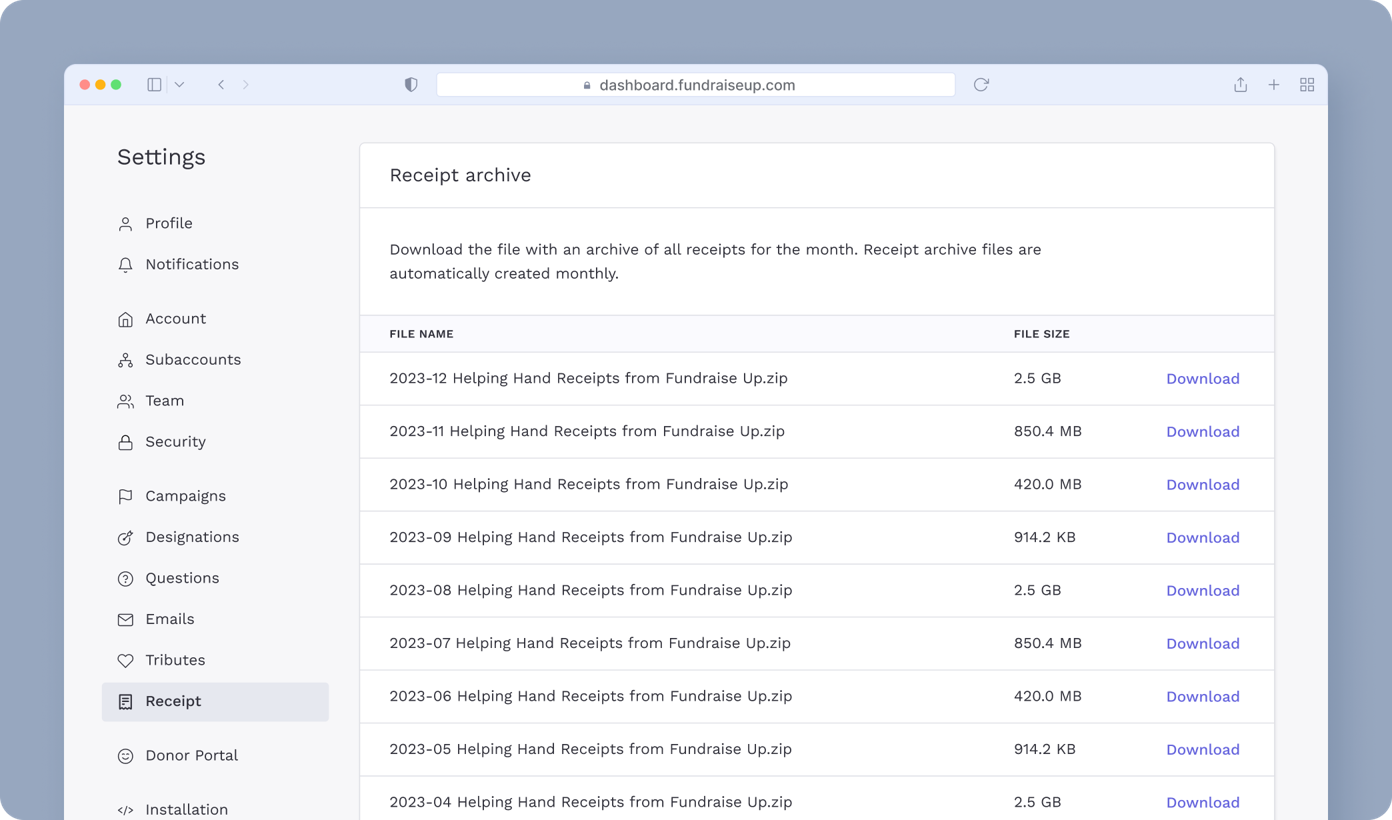 Receipt archive section displaying a list of downloadable files for monthly receipts, including file names and sizes. Each entry has a "Download" link for access.