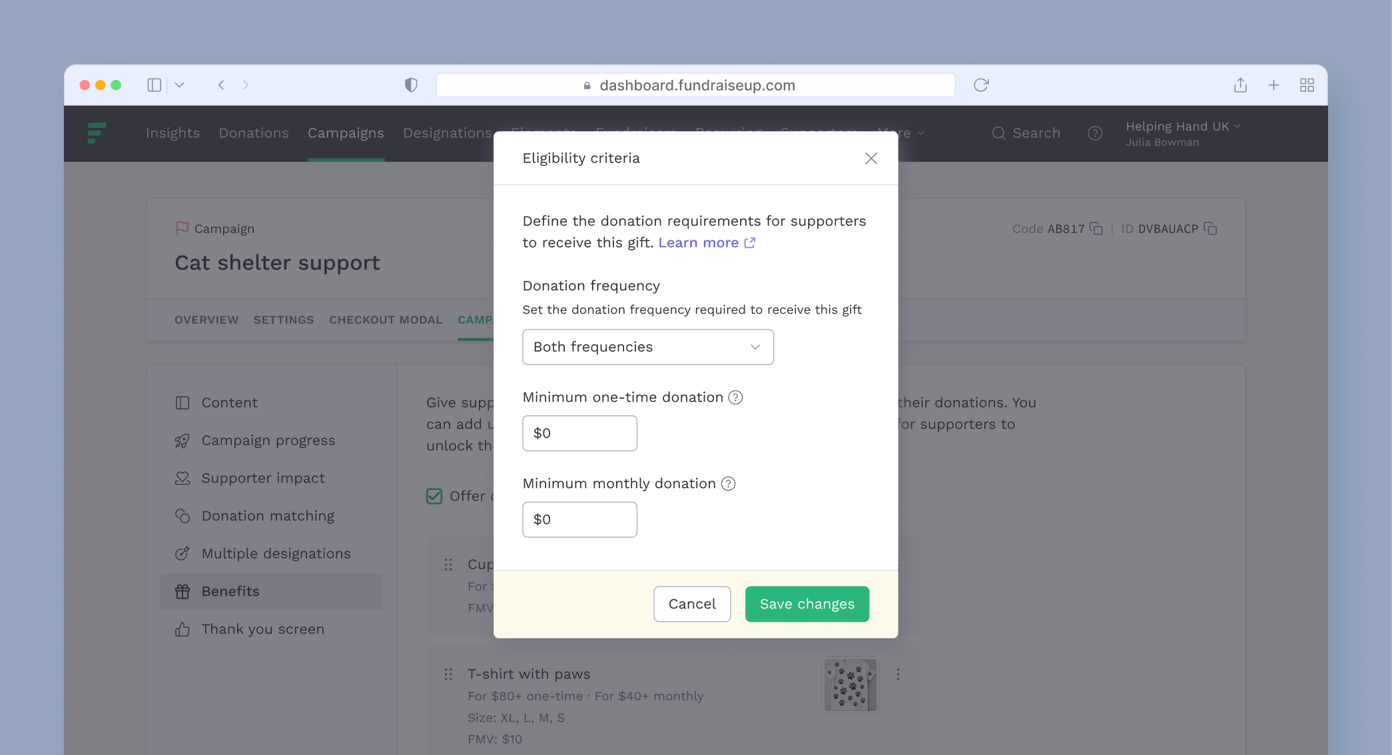 Eligibility criteria for a fundraising campaign, including options for donation frequency and minimum donation amounts for one-time and monthly contributions. Buttons for canceling or saving changes are visible.