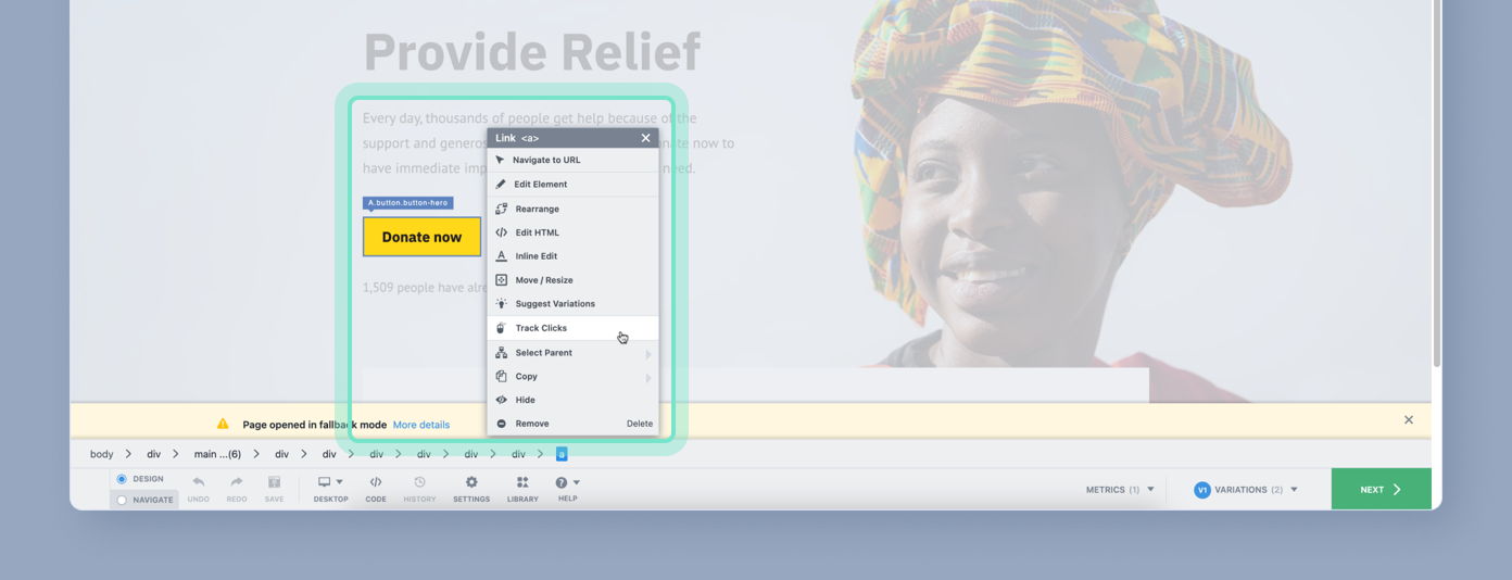 Woman wearing a colorful headwrap smiles, with a call-to-action button labeled "Donate now" and text encouraging support for relief efforts in the background.