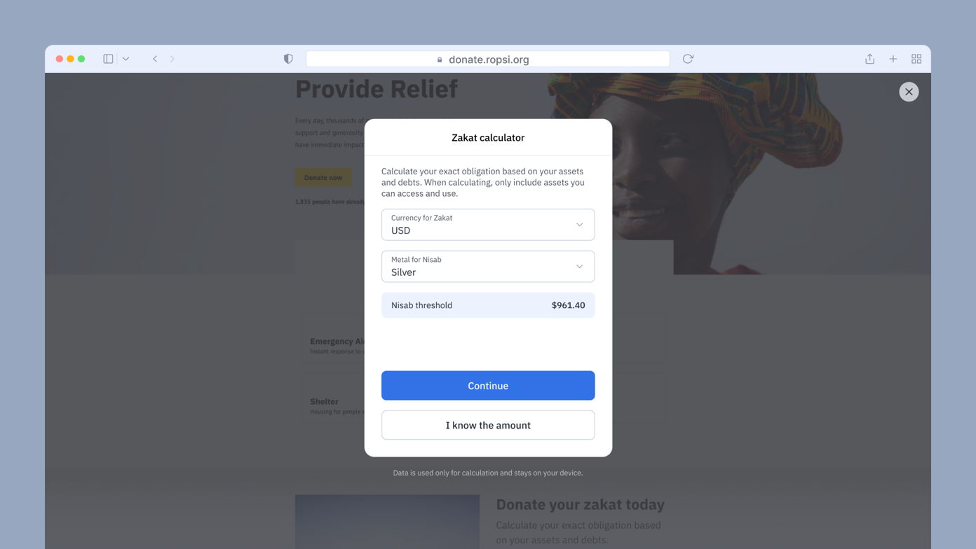Zakat calculator modal with options for currency, metal type, and nisab threshold. A person with a colorful headwrap is partially visible in the background. Buttons for "Continue" and "I know the amount" are displayed.