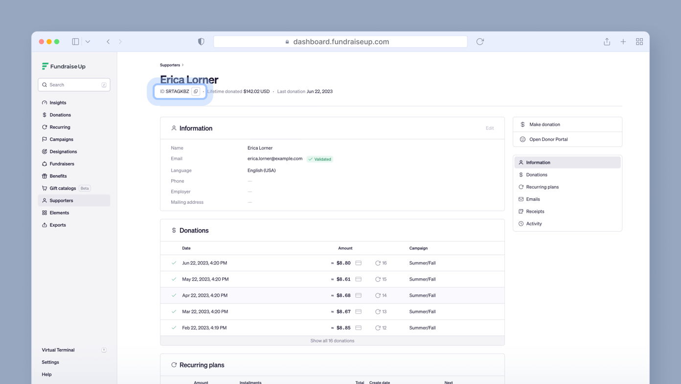 Supporter profile for Erica Lorner, displaying personal information and donation history. Includes total donations, individual donation amounts, and associated campaigns. Options to make a donation and access the donor portal are available.