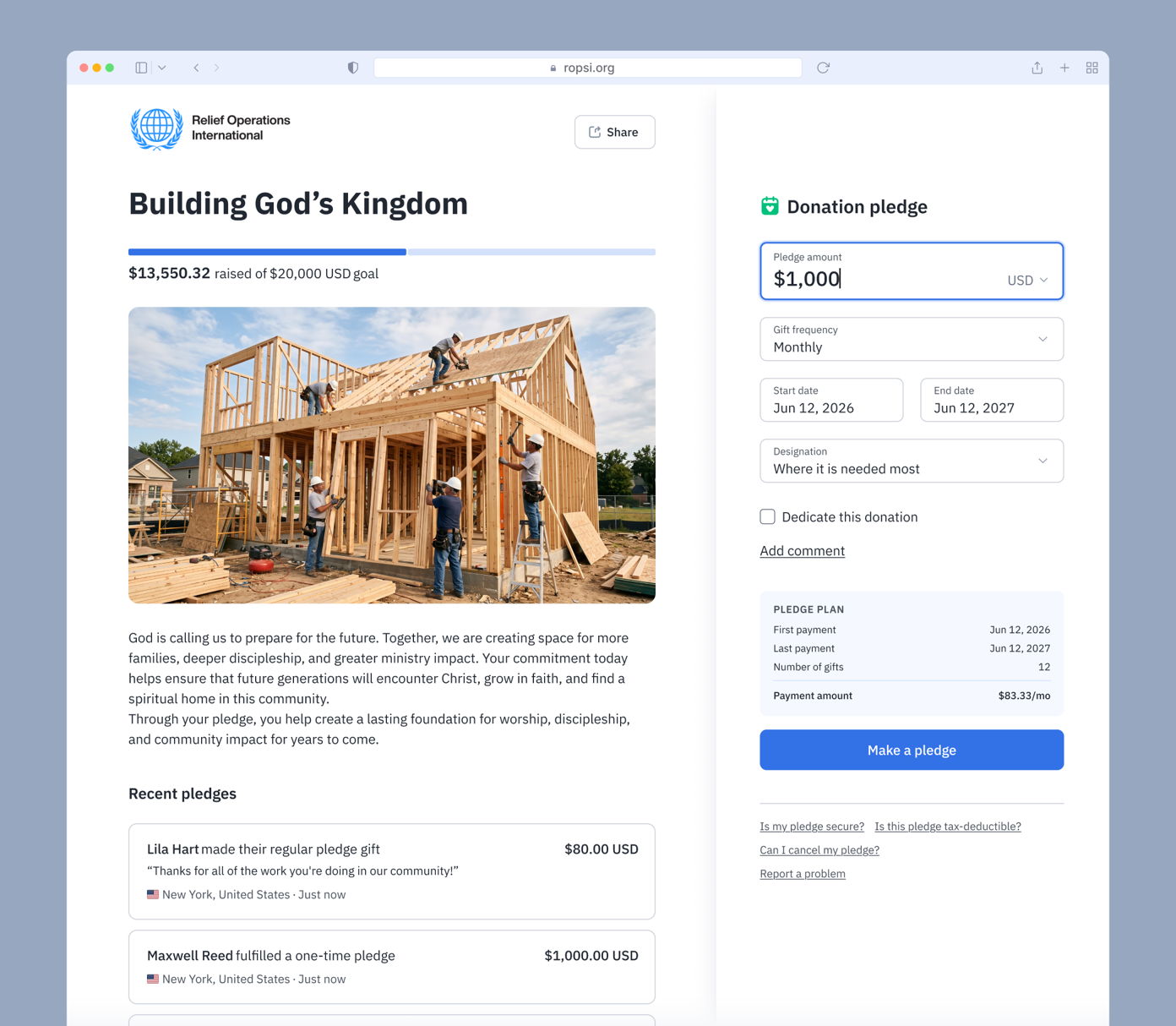 Construction of a wooden building with workers on the roof, alongside a donation pledge form showing a goal of $20,000, current funds of $13,550.32, and options for monthly contributions.