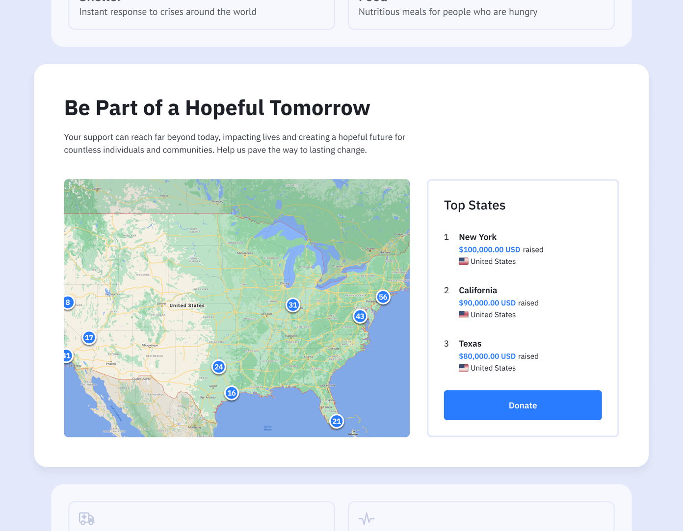Map of the United States highlighting fundraising efforts, with markers indicating amounts raised in various states. Top three states listed: New York, California, and Texas, with corresponding donation amounts. "Donate" button visible.