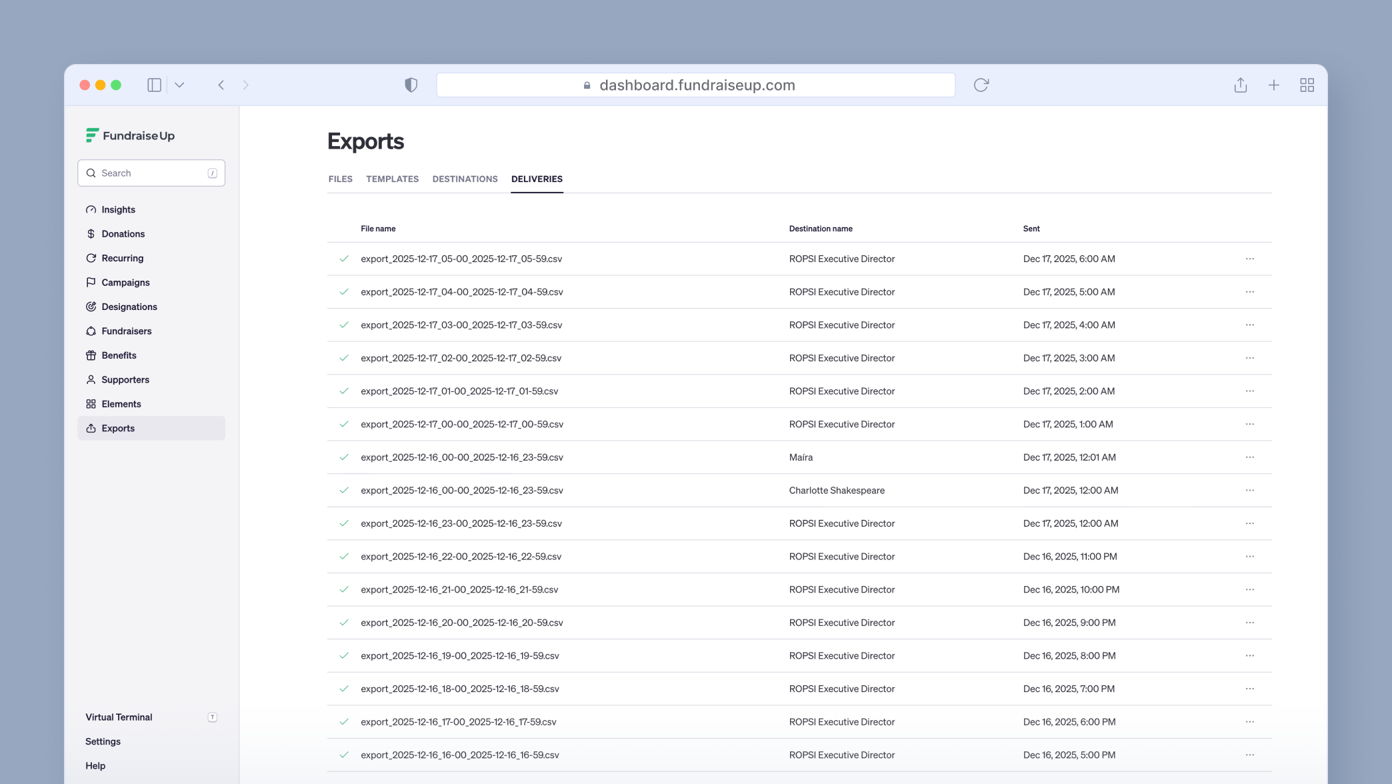 Export list showing file names, destination names, and sent timestamps for various reports in a dashboard interface.