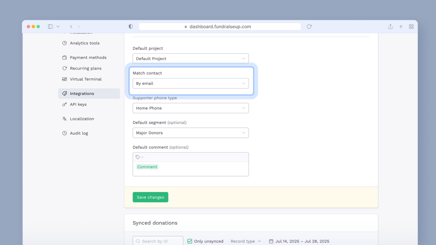 Integration settings with options for matching contacts by email, selecting supporter phone type, and input fields for home phone, default segment, and comments. "Save changes" button highlighted at the bottom.