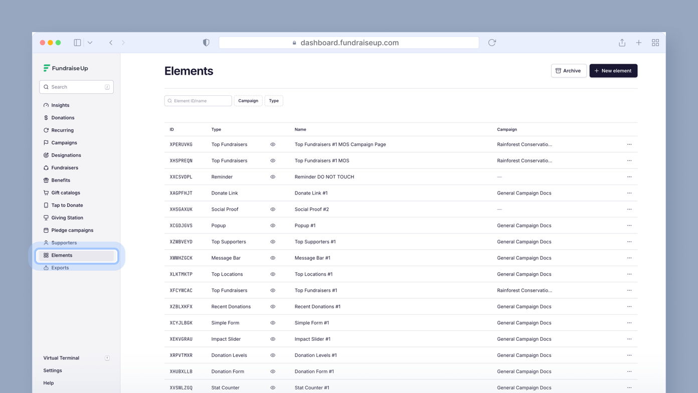 Dashboard displaying a list of campaign elements, including types and names such as "Top Fundraisers," "Social Proof," and "Message Bar." A sidebar menu highlights the "Elements" section, with options for archiving and adding new elements.