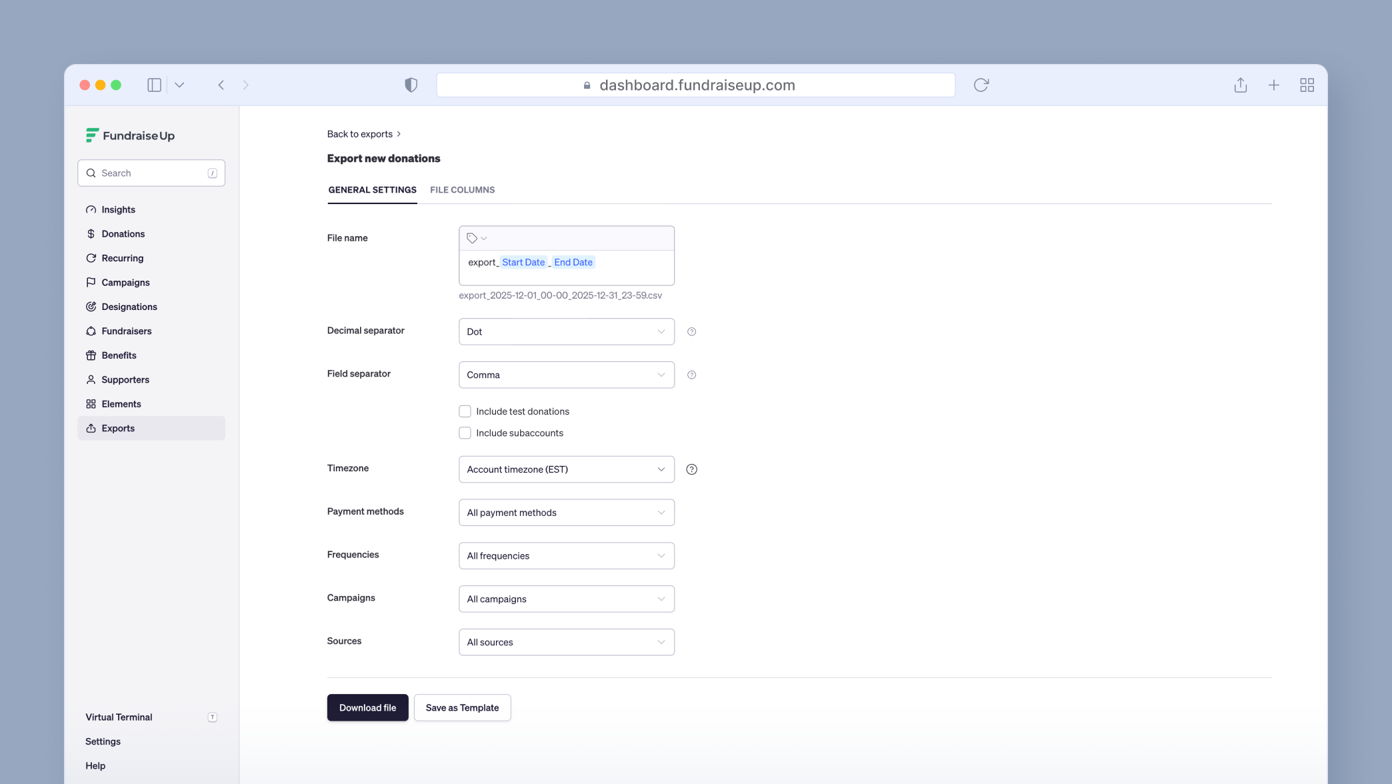 Export settings for new donations, including file name, decimal and field separators, timezone, payment methods, frequencies, and campaigns. Options to download data or save settings as a template are available.