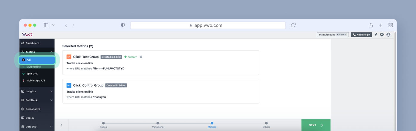 Dashboard interface of a web application showing selected metrics for tracking clicks. Options include "Click, Test Group" and "Click, Control Group," with corresponding URL match criteria displayed. Navigation menu on the left.