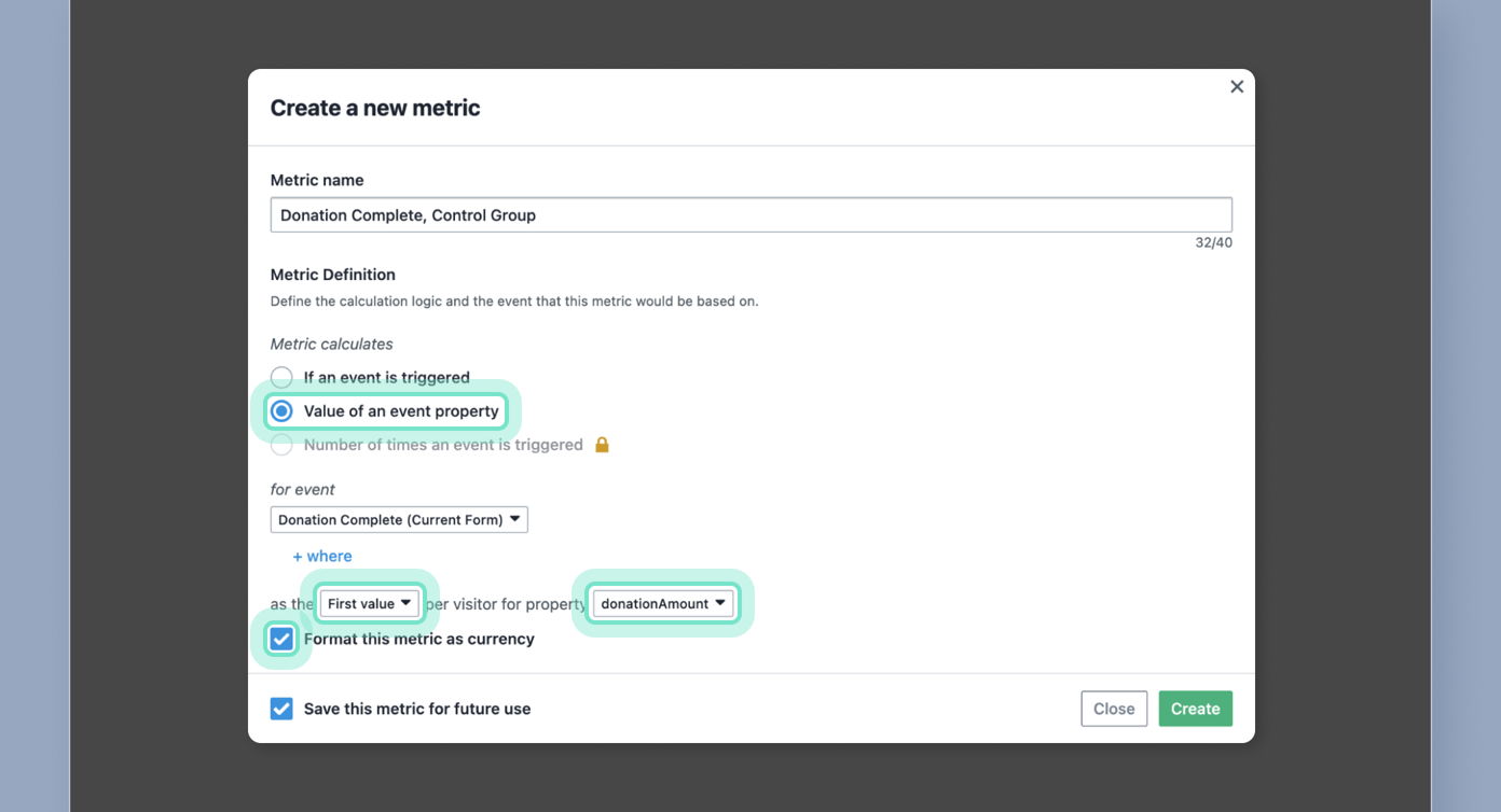 Create a new metric form with fields for metric name, definition, calculation logic, event properties, and options to format as currency and save for future use.