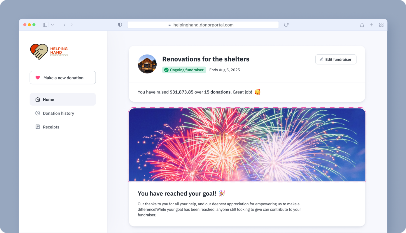 Fundraising page for shelter renovations showing a progress update. Total raised: $31,873.85 from 15 donations. Celebratory fireworks graphic with a message: "You have reached your goal!" and appreciation note for contributors.