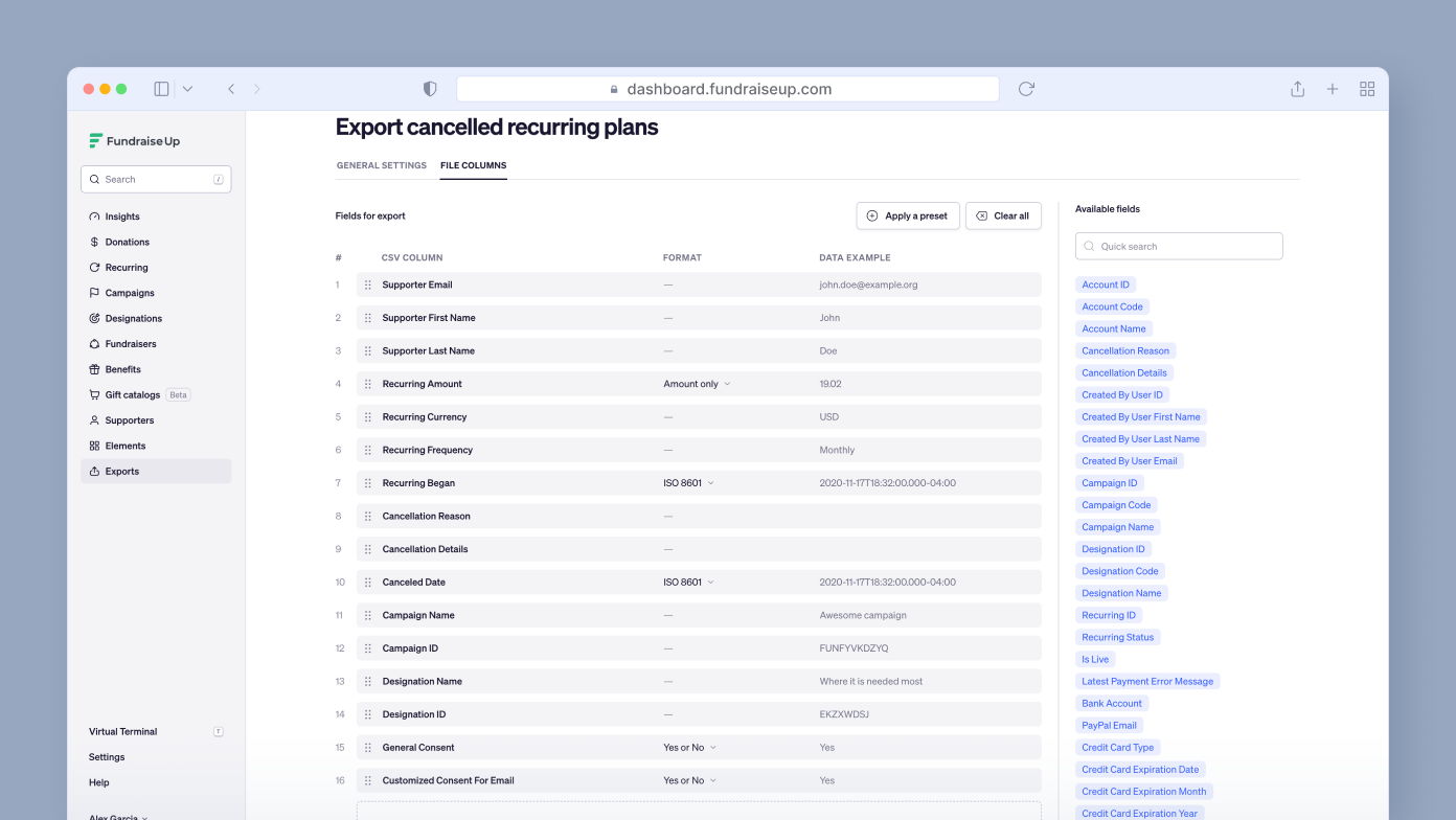 Export settings for cancelled recurring plans, displaying fields such as supporter email, name, amount, currency, frequency, and cancellation details, along with options to apply presets and search available fields.