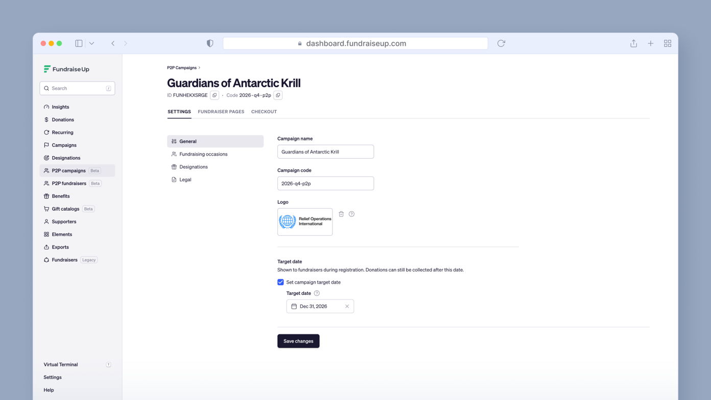 Dashboard for a fundraising campaign titled 'Guardians of Antarctic Krill,' displaying settings for campaign name, code, target date, and associated logo.