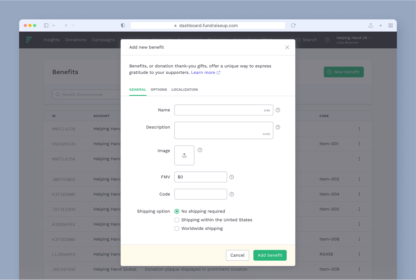 Add new benefit form with fields for name, description, image upload, fair market value, code, and shipping options. Includes buttons to cancel or add the benefit. Contextual information about donation thank-you gifts is provided.