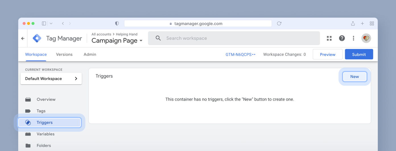 Tag Manager interface displaying the "Triggers" section with a message stating that the container has no triggers and instructions to click the "New" button to create one.