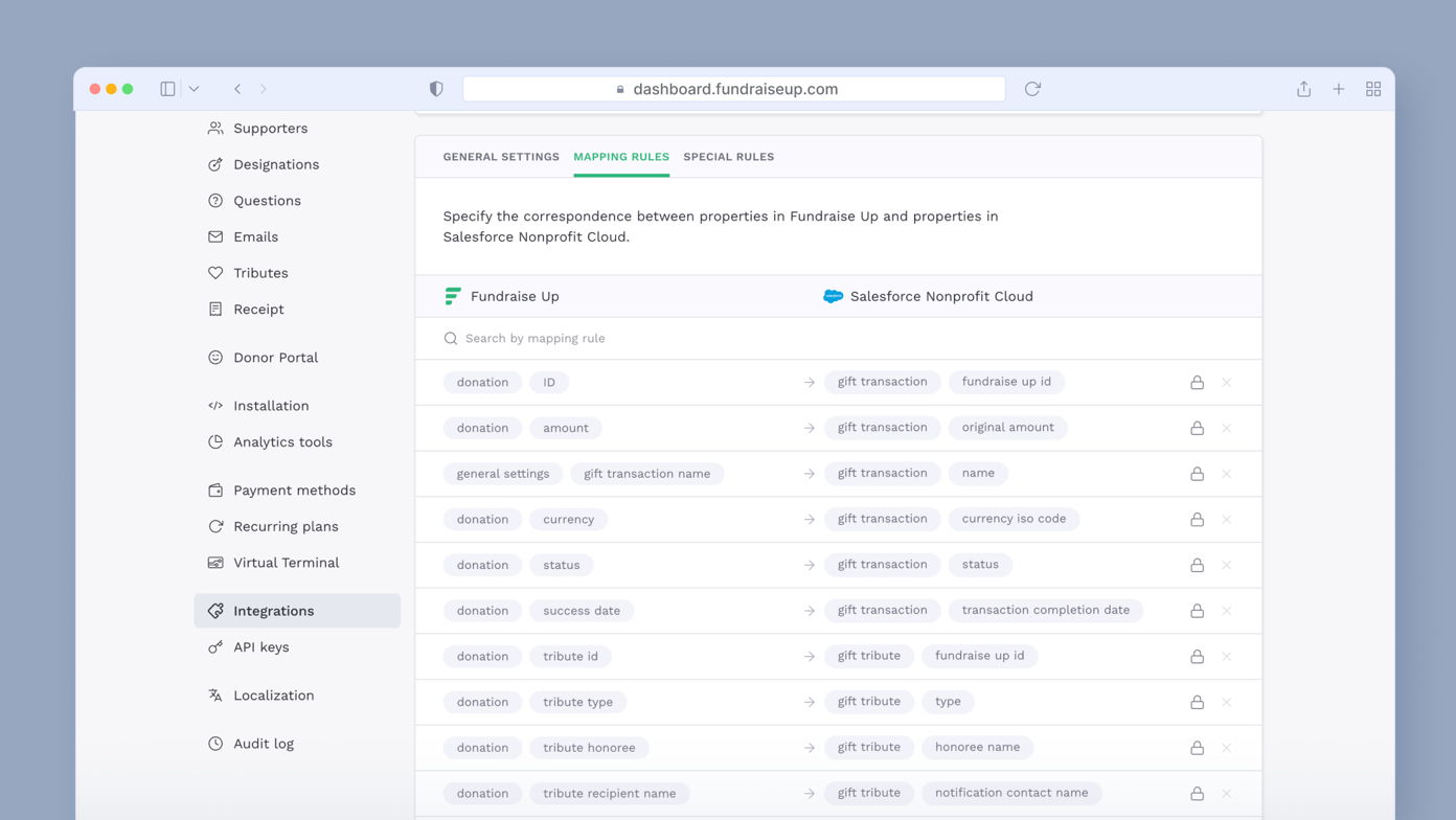 Mapping rules interface for Fundraise Up and Salesforce Nonprofit Cloud, displaying a table that specifies property correspondences, including fields like donation ID, amount, currency, and tribute details.