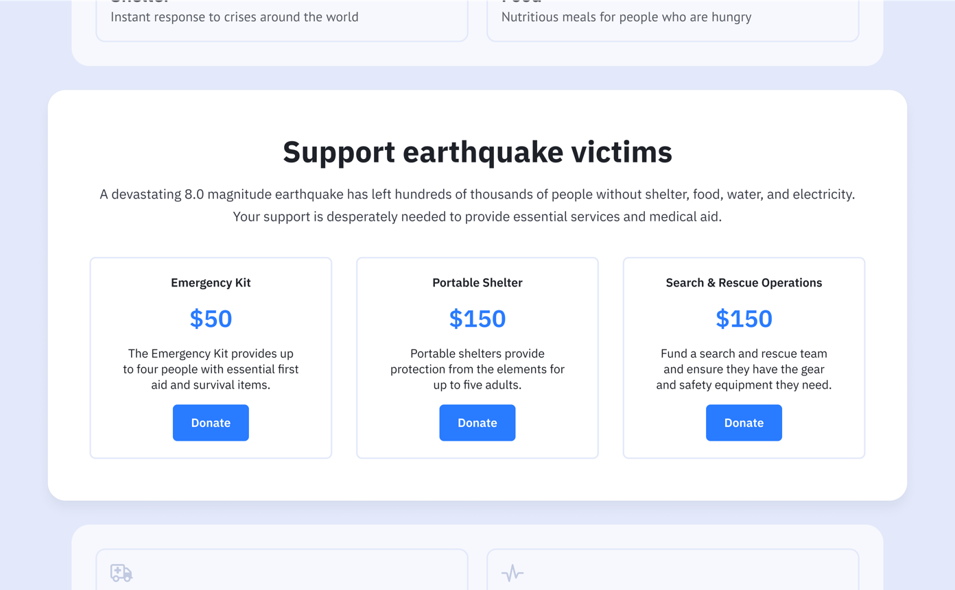 Support earthquake victims. Options include: Emergency Kit ($50) for first aid supplies, Portable Shelter ($150) for up to five adults, and Search & Rescue Operations ($150) for team funding. Each option has a "Donate" button.
