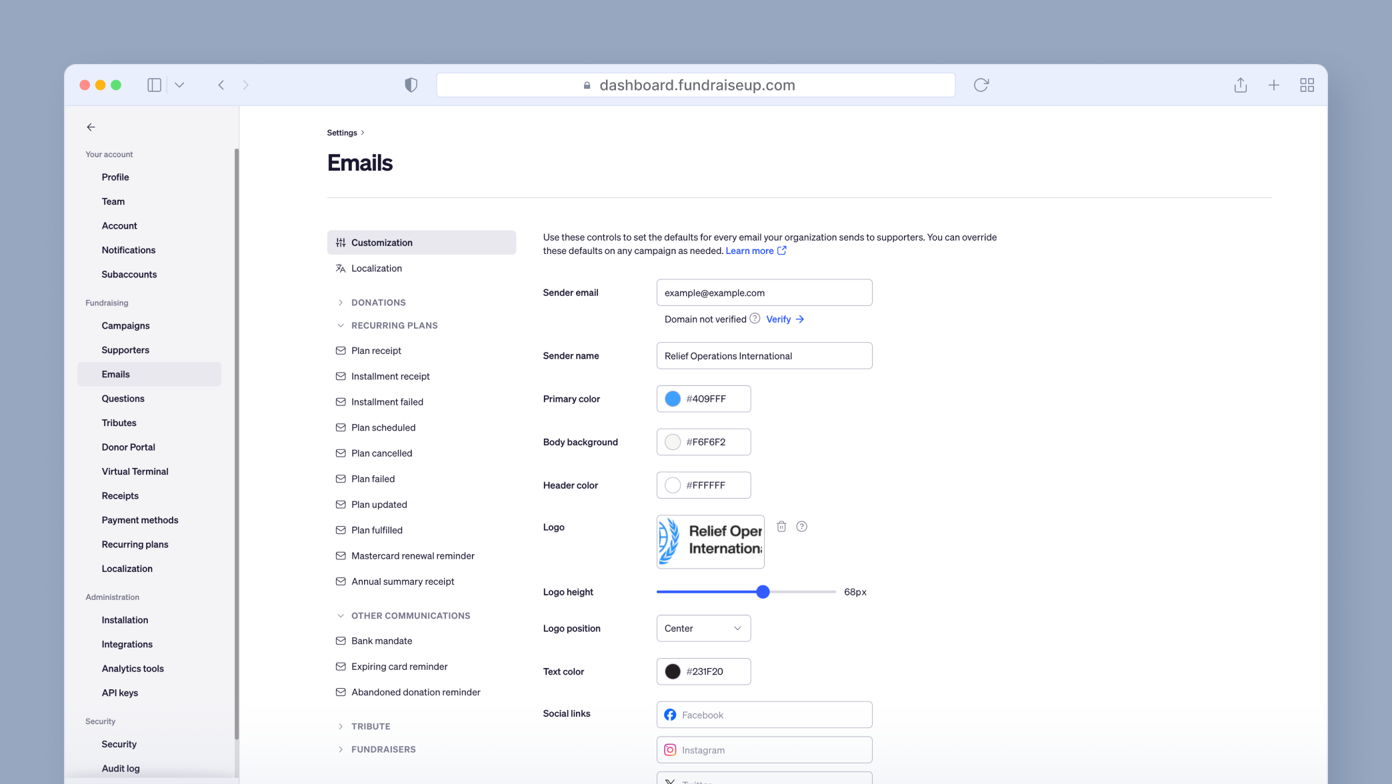Email settings page with fields for sender email, organization name, logo customization, and color options for text and header. Includes options for recurring plans and communication preferences.