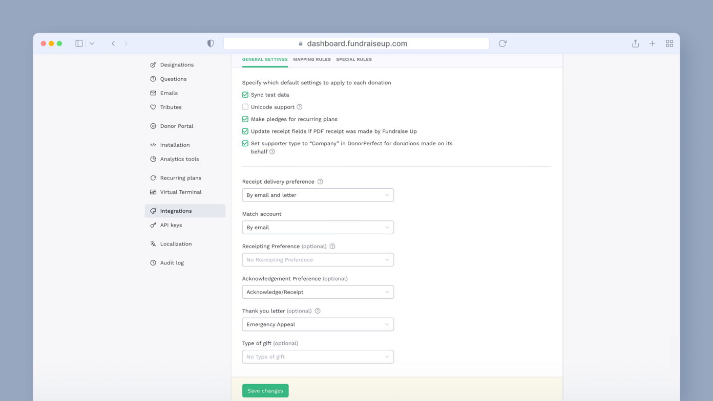 Settings page for donation preferences, including options for receipt delivery, matching accounts, and acknowledgment preferences. Features checkboxes and dropdown menus for user selections. "Save changes" button at the bottom.