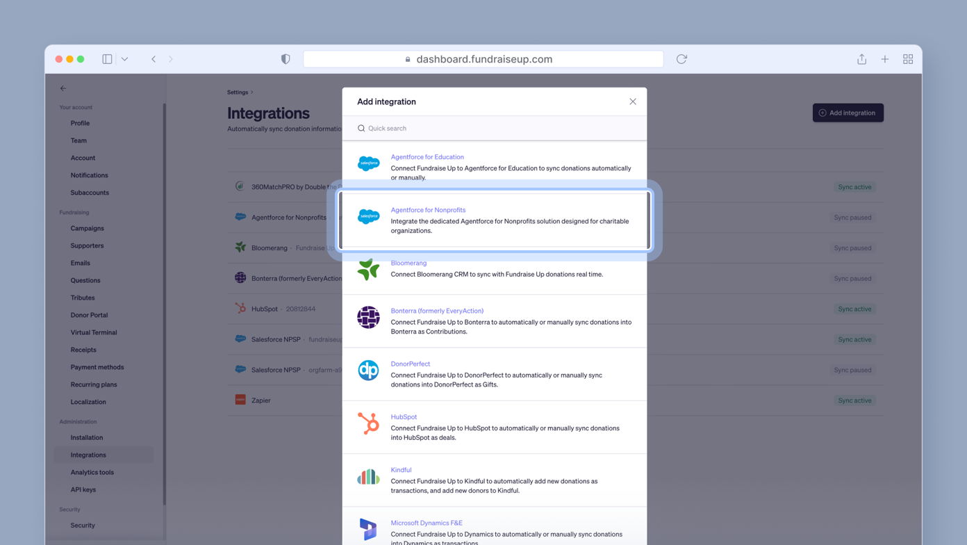 Integration options for Fundraise Up, highlighting 'AppIntegrate for Nonprofits' with a brief description of its purpose for charitable organizations.