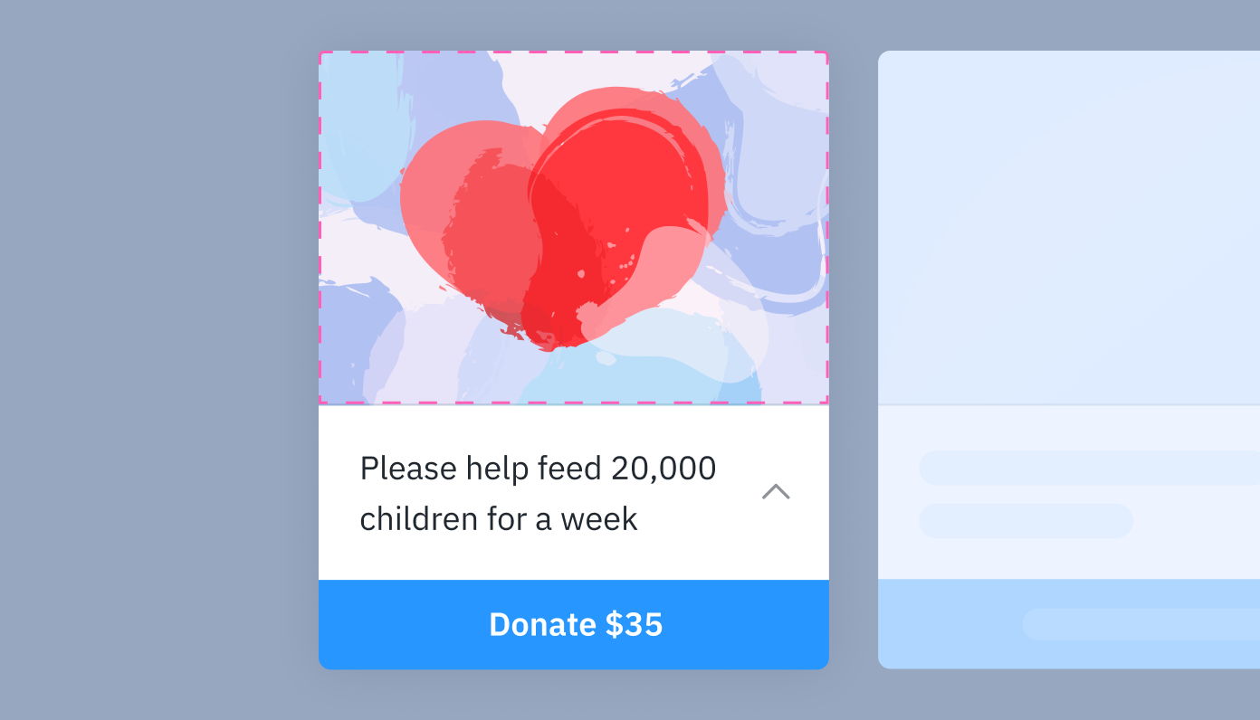 Heart graphic with text: "Please help feed 20,000 children for a week" and a blue button labeled "Donate $35."