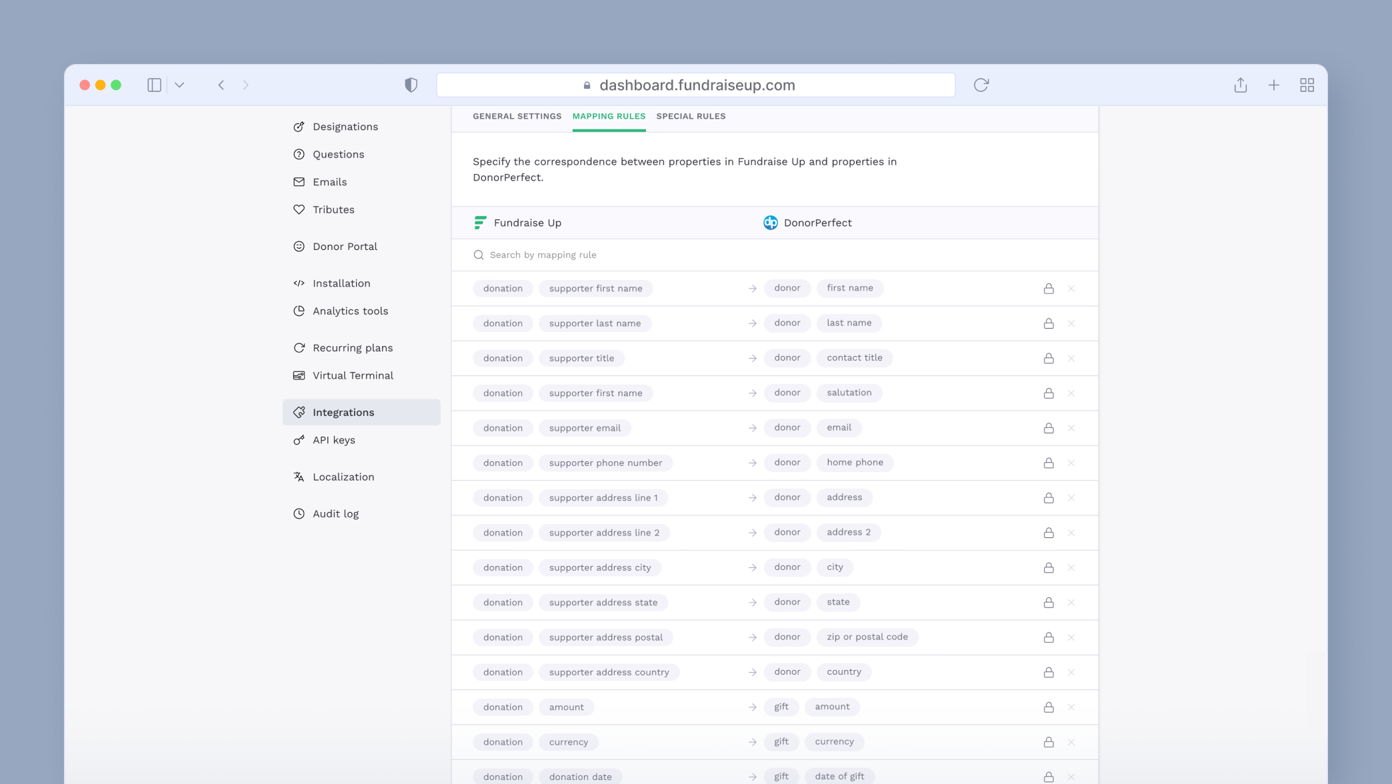 Mapping rules for data integration between Fundraise Up and DonorPerfect, listing correspondence for various properties such as donor names, contact details, and addresses.