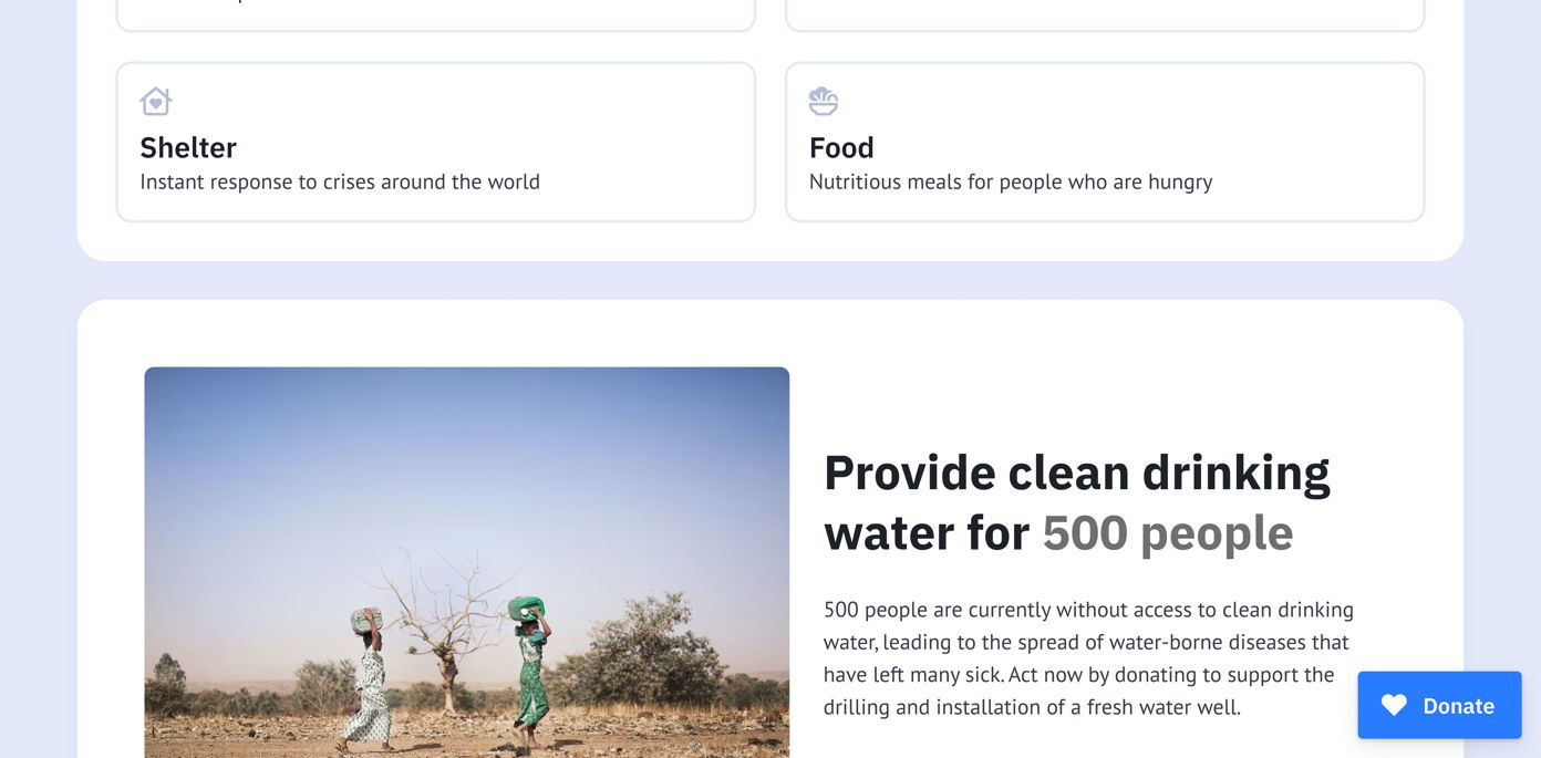 Two individuals in traditional attire walk through a dry landscape with sparse vegetation. Text highlights the need for clean drinking water for 500 people and encourages donations to support water well installation.