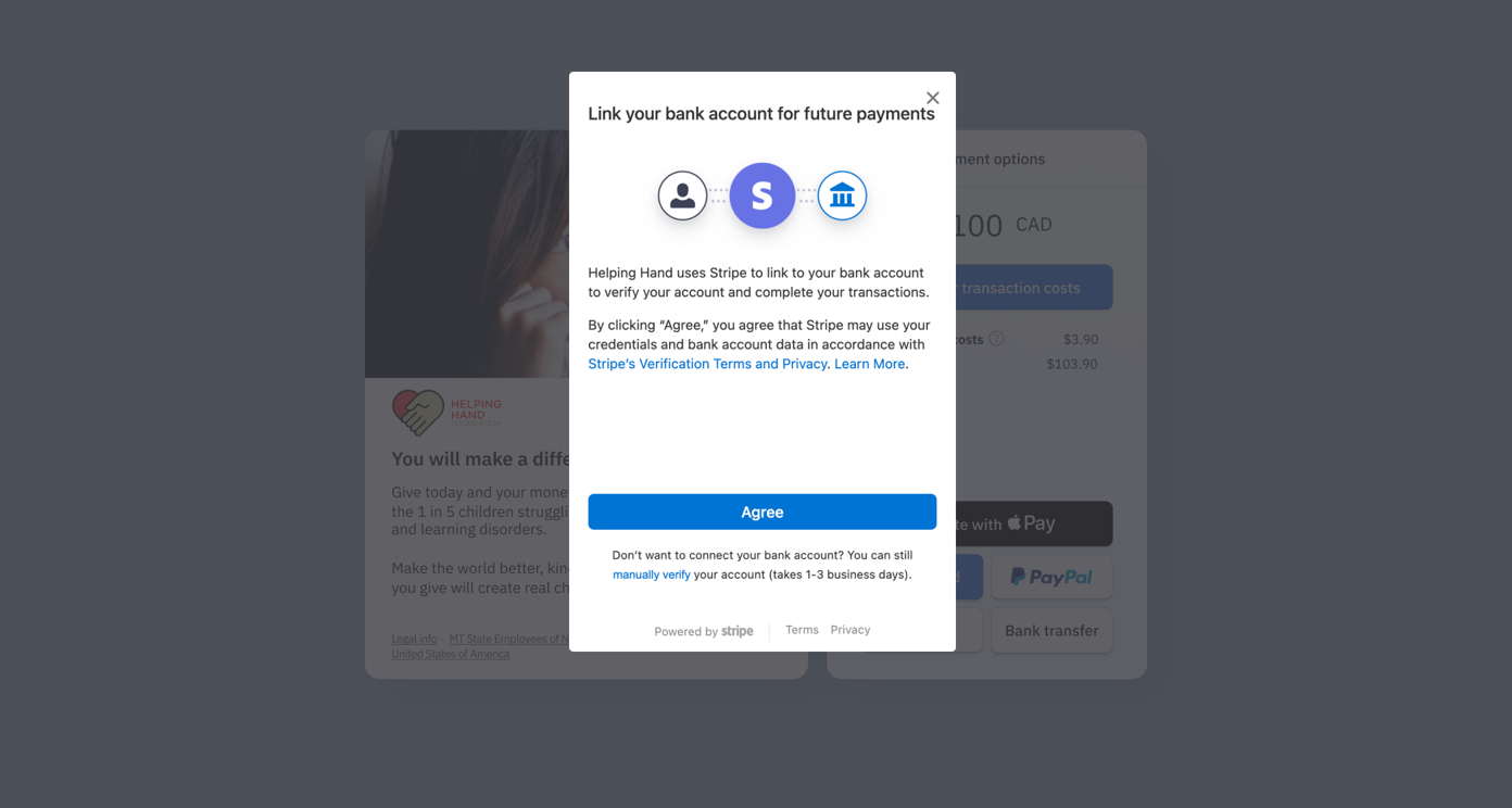 Link your bank account for future payments with Stripe. Includes options to agree or decline, and mentions transaction costs. Provides information on verifying your account and links to terms and privacy policy.