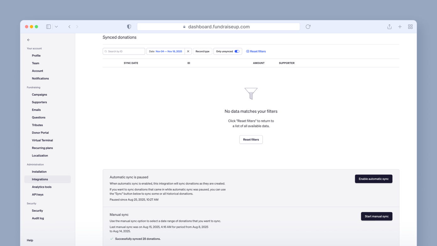Dashboard displaying synced donations with a message indicating no data matches the applied filters. Options to enable automatic sync or start manual sync are available.