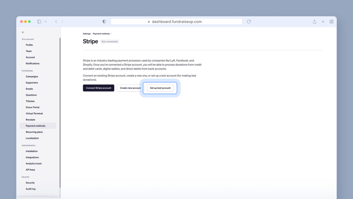 Stripe payment settings page with options to connect an existing account, create a new account, or set up a test account for processing donations. The page includes a brief description of Stripe's services.