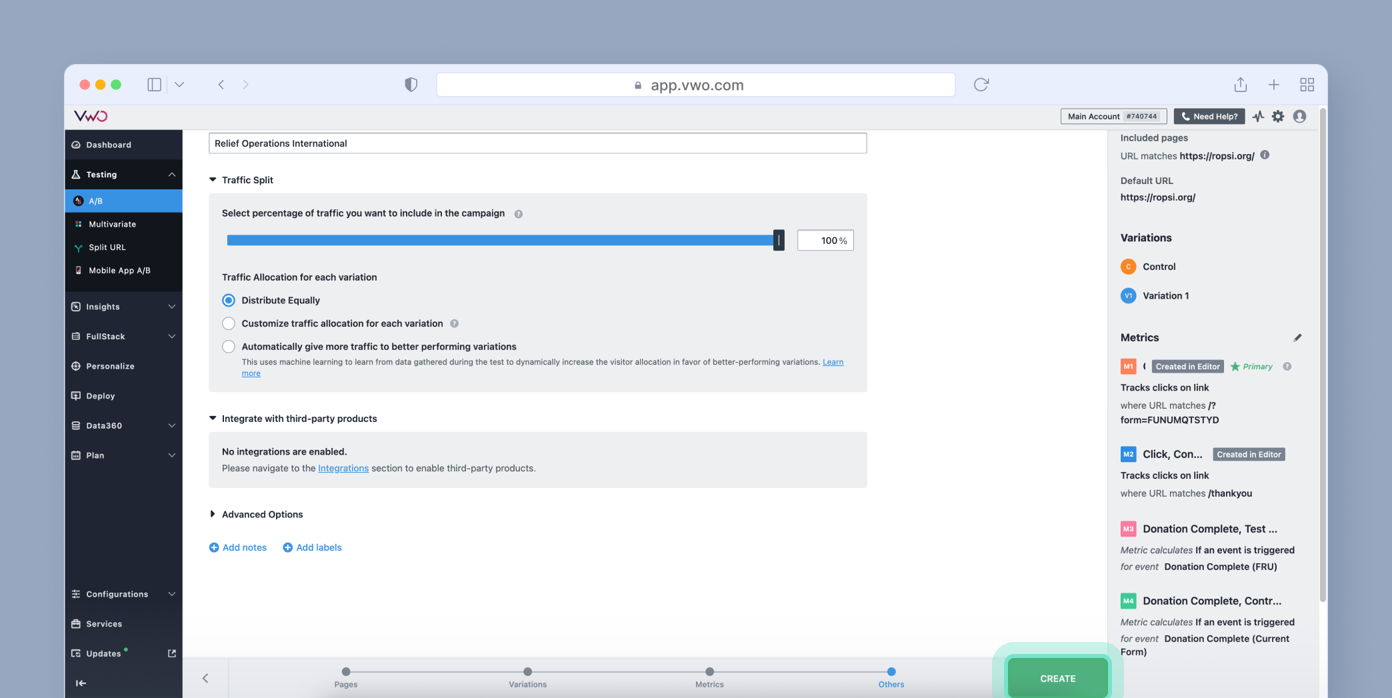 Traffic allocation settings for a campaign, featuring a slider to select the percentage of traffic included, options for distributing traffic, and sections for integrating third-party products and adding notes.