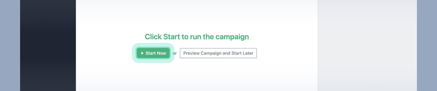 Button to start the campaign with options to preview or start later.