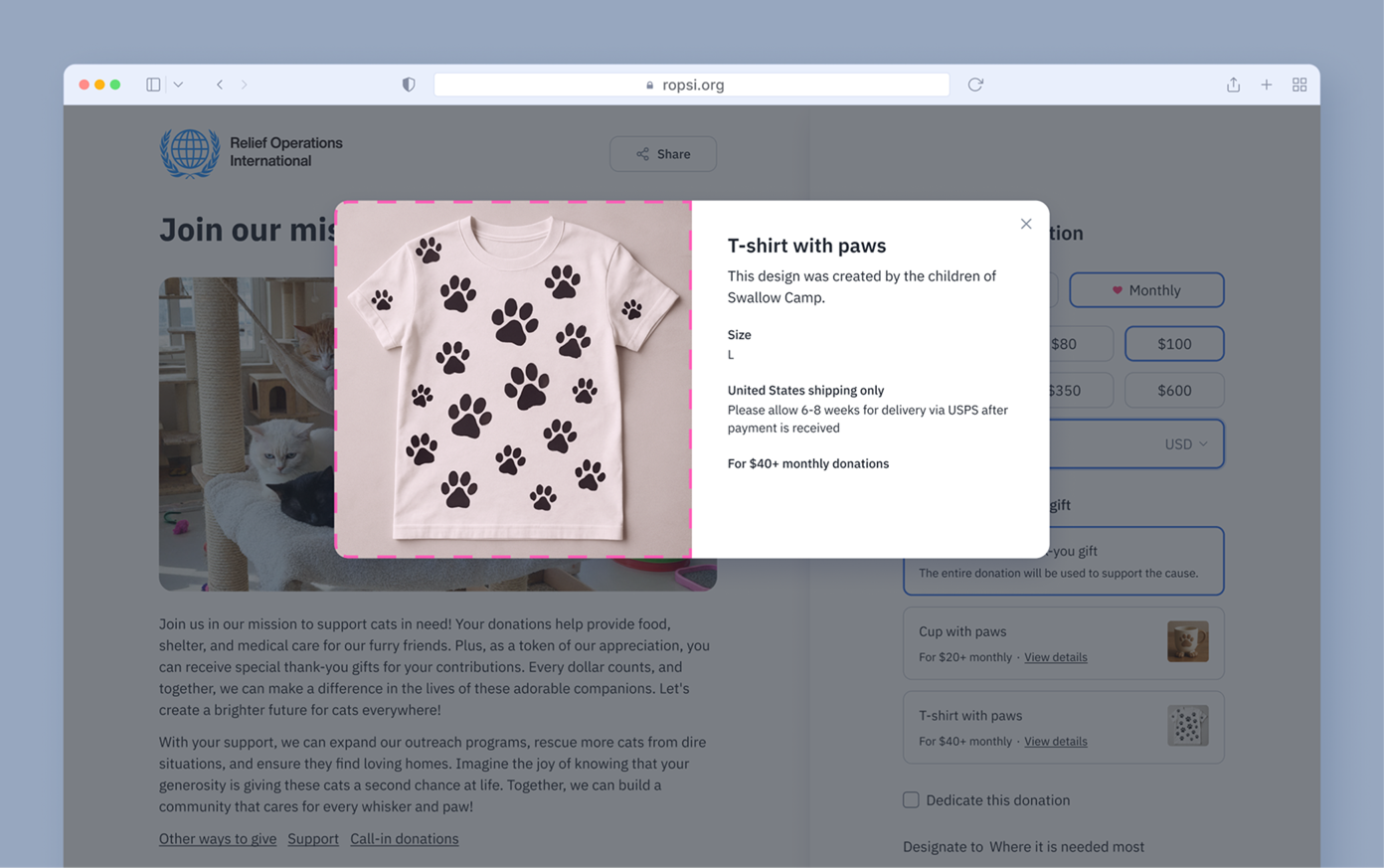 T-shirt design featuring black paw prints on a light background, available in size large. Information about shipping and donation details is provided in a pop-up.