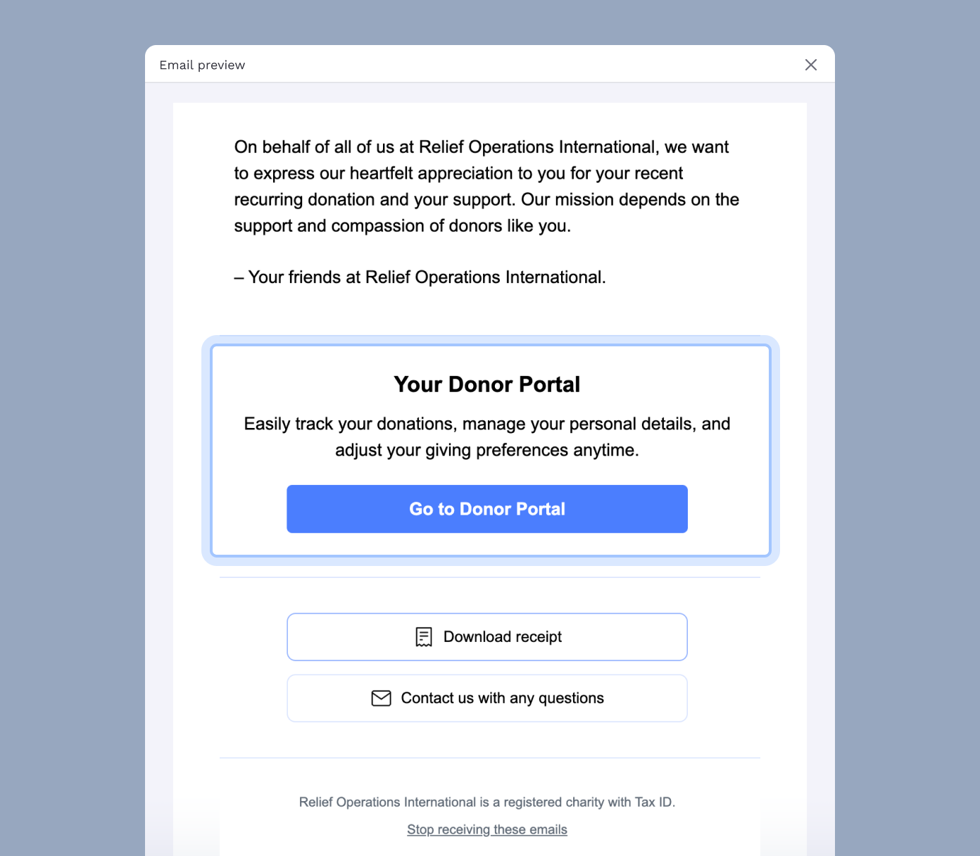 Email preview expressing gratitude for a recurring donation to Relief Operations International. Features a prominent "Your Donor Portal" section with options to track donations, download receipts, and contact support.