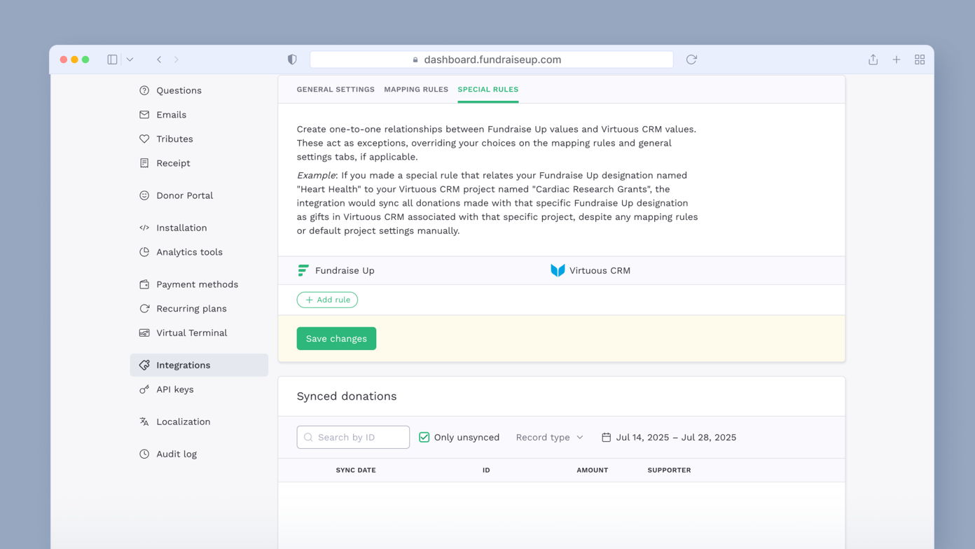 Settings page for integrating Fundraise Up with Virtuous CRM, featuring options for mapping rules and synced donations. Key sections include "General Settings," "Mapping Rules," and "Special Rules," with a highlighted example for special rules.