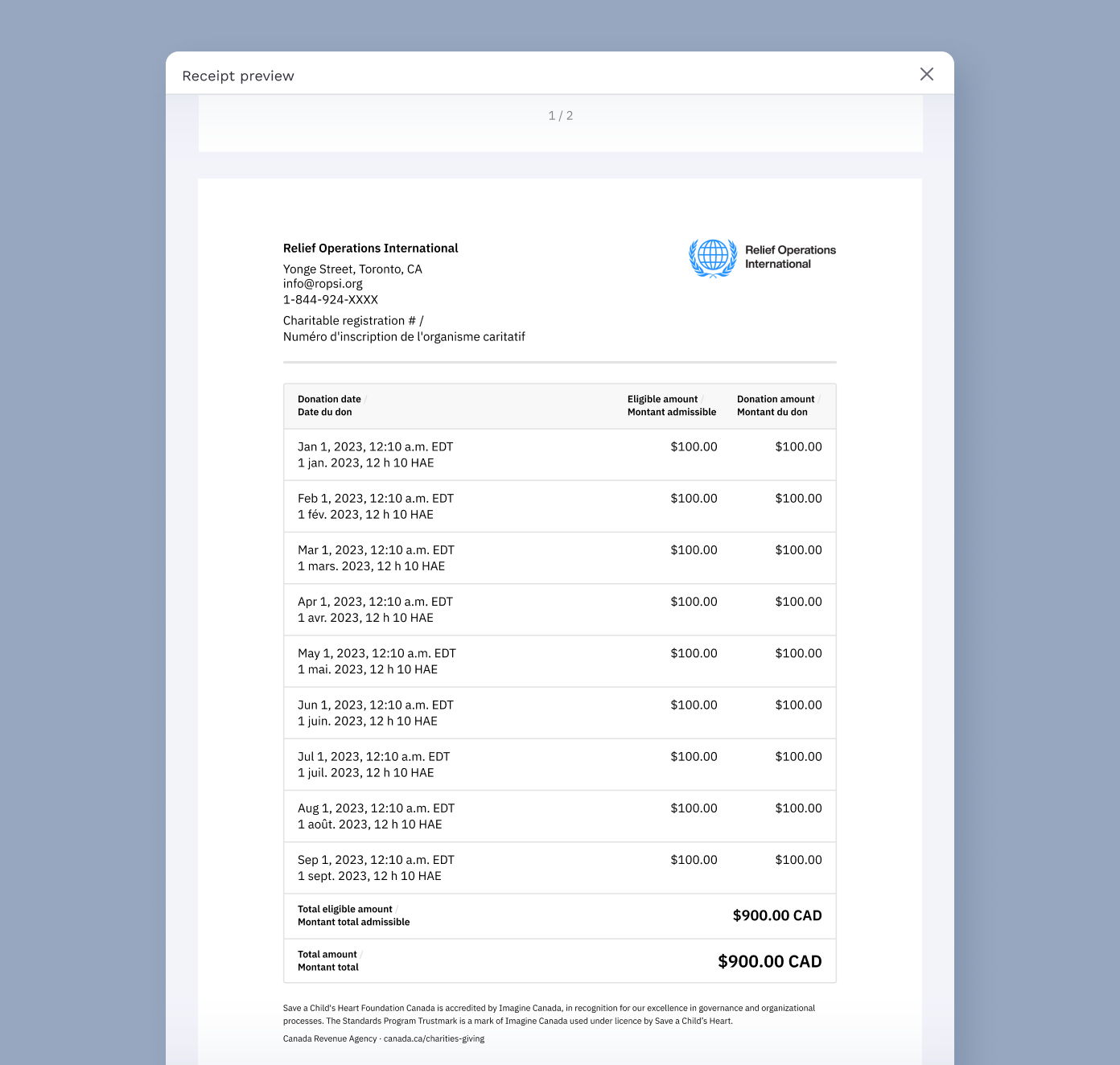 Receipt from Relief Operations International detailing donations made from January to September 2023, totaling $900 CAD. Each entry lists the donation date, eligible amount, and donation amount.
