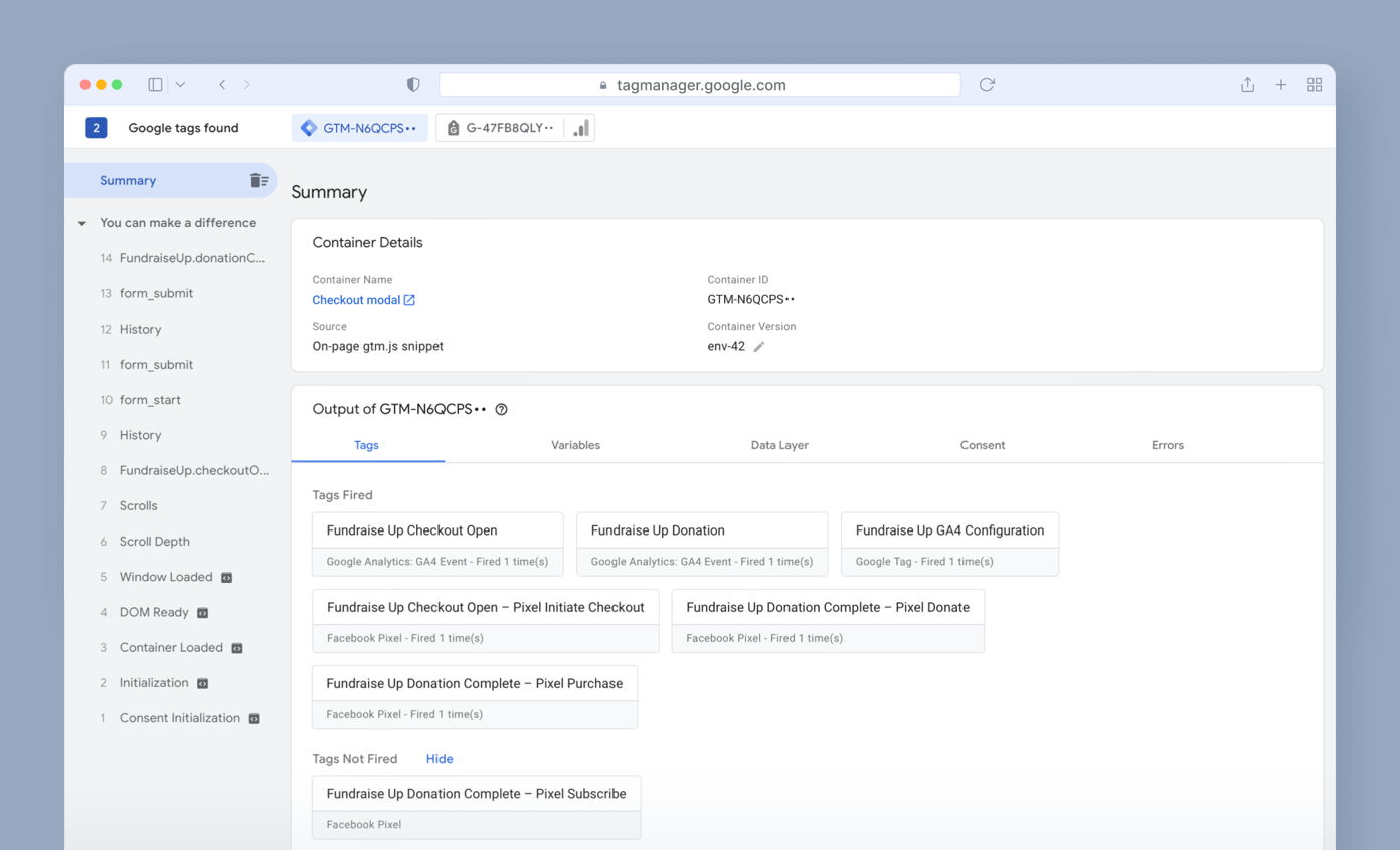 Summary of Google Tag Manager interface displaying container details and tags fired, including "Fundraise Up Checkout Open," "Fundraise Up Donation," and "Fundraise Up Donation Complete."