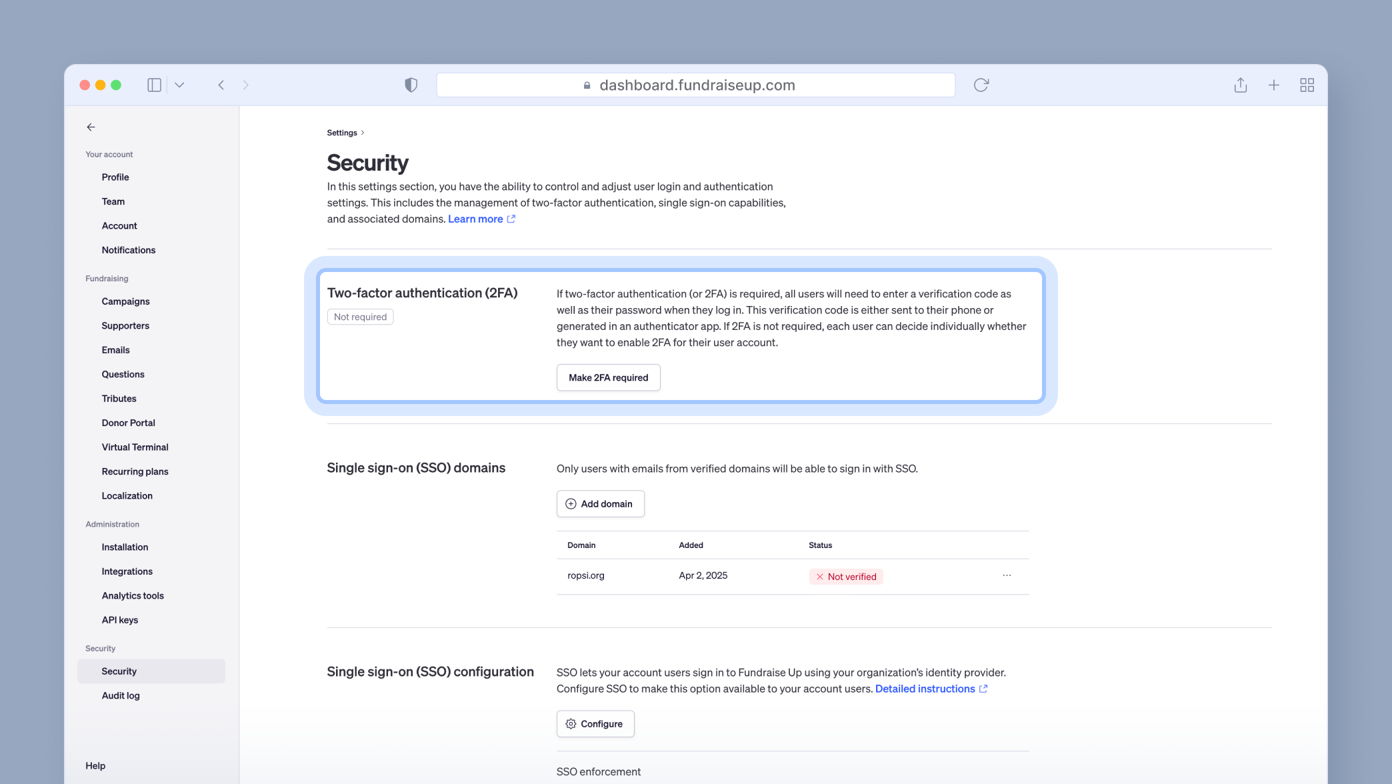 Settings page for security features, highlighting two-factor authentication (2FA) with an explanation of its requirement. Options for single sign-on (SSO) domains and their verification status are also displayed.