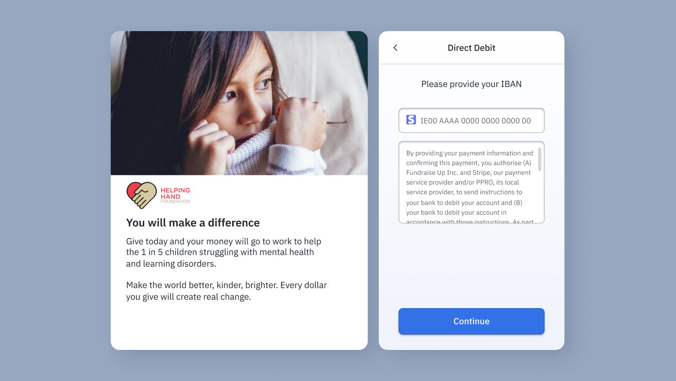 A child wrapped in a blanket looks thoughtfully at the camera. Text on the left promotes the Helping Hand Foundation, encouraging donations to support children with mental health and learning disorders. The right side requests IBAN for direct debit payment.