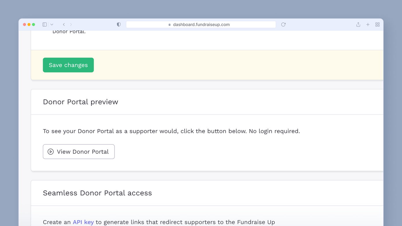 Donor Portal interface with options to preview the portal and save changes. A button labeled "View Donor Portal" is prominently displayed, indicating access without login requirements.