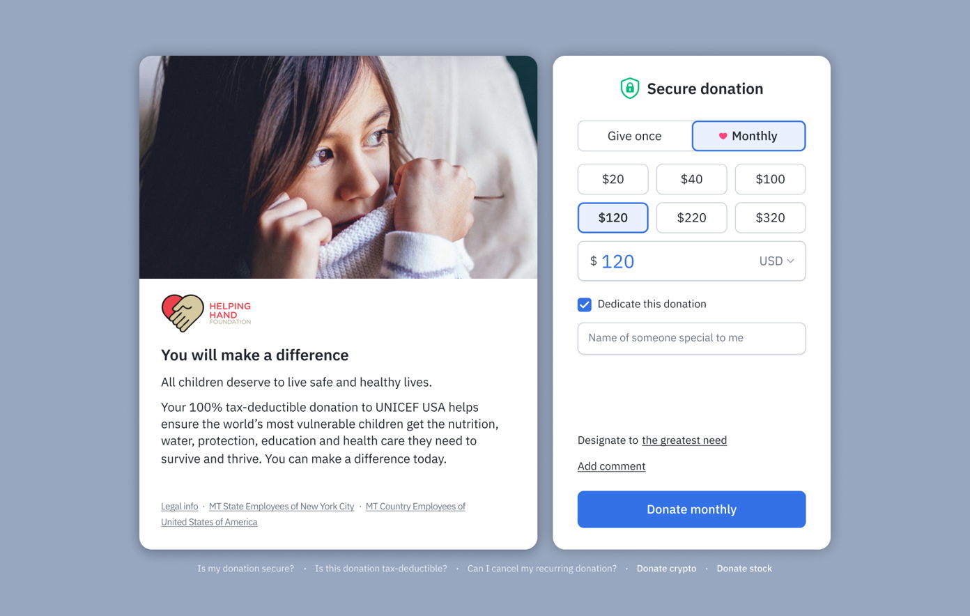 A child holding a pencil, with a donation form for UNICEF USA on the right, offering options for one-time or monthly contributions. Key message: "You will make a difference" in supporting children's health and nutrition.