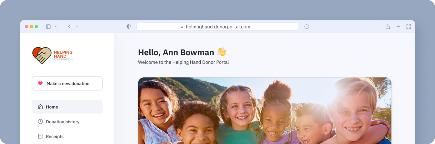Welcome message on the Helping Hand Donor Portal, featuring a group of smiling children outdoors. Navigation options for home, donation history, and receipts are visible.