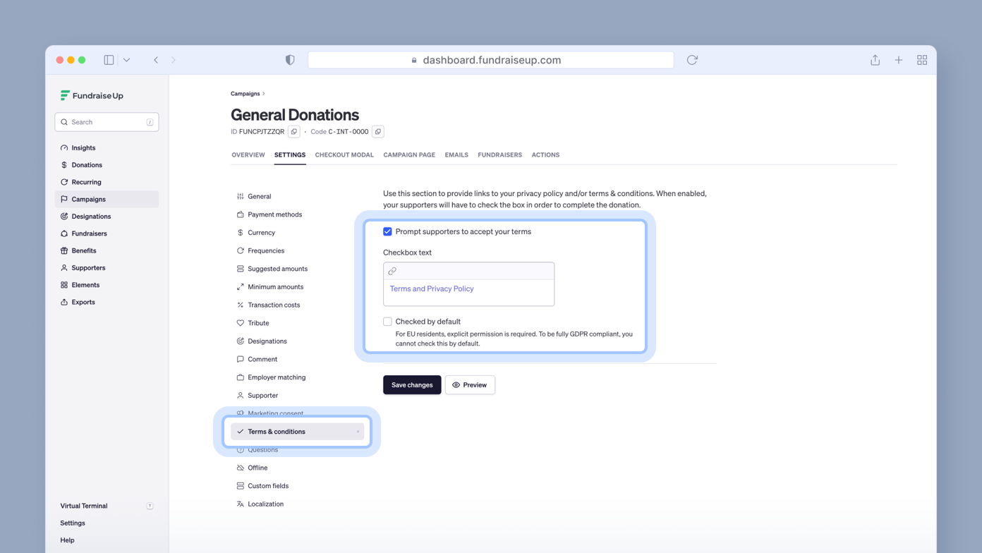 General Donations settings page with options for prompting supporters to accept terms, including a checkbox for "Terms and Privacy Policy" and a "Save Changes" button. The sidebar lists various campaign management options.