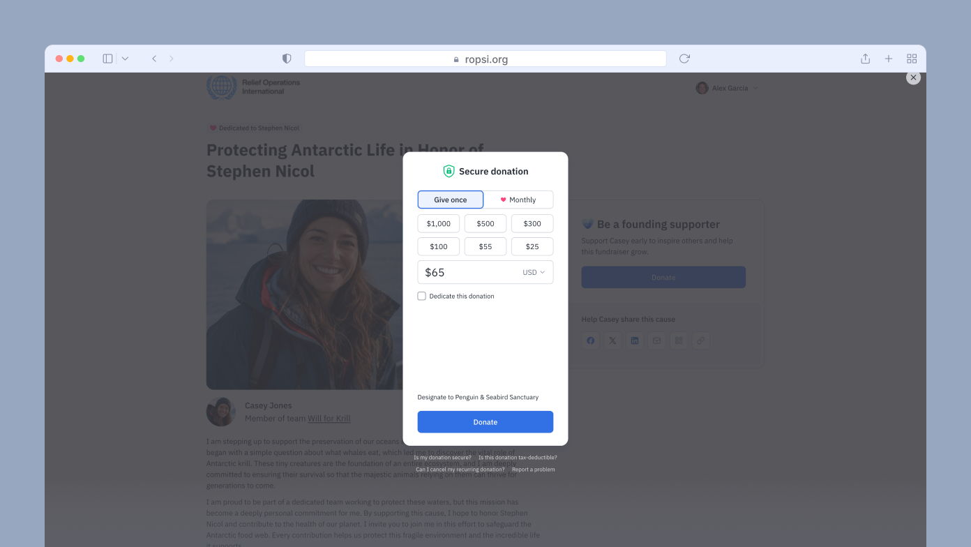 Donation form for supporting Antarctic life, featuring options for one-time or monthly contributions with suggested amounts. Includes a button to finalize the donation.