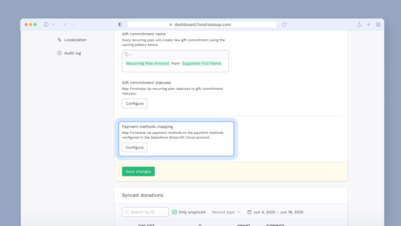 Dashboard interface displaying options for managing gift commitments and payment methods, including fields for naming commitments and configuring payment mappings with Salesforce Nonprofit Cloud. "Save changes" button visible.