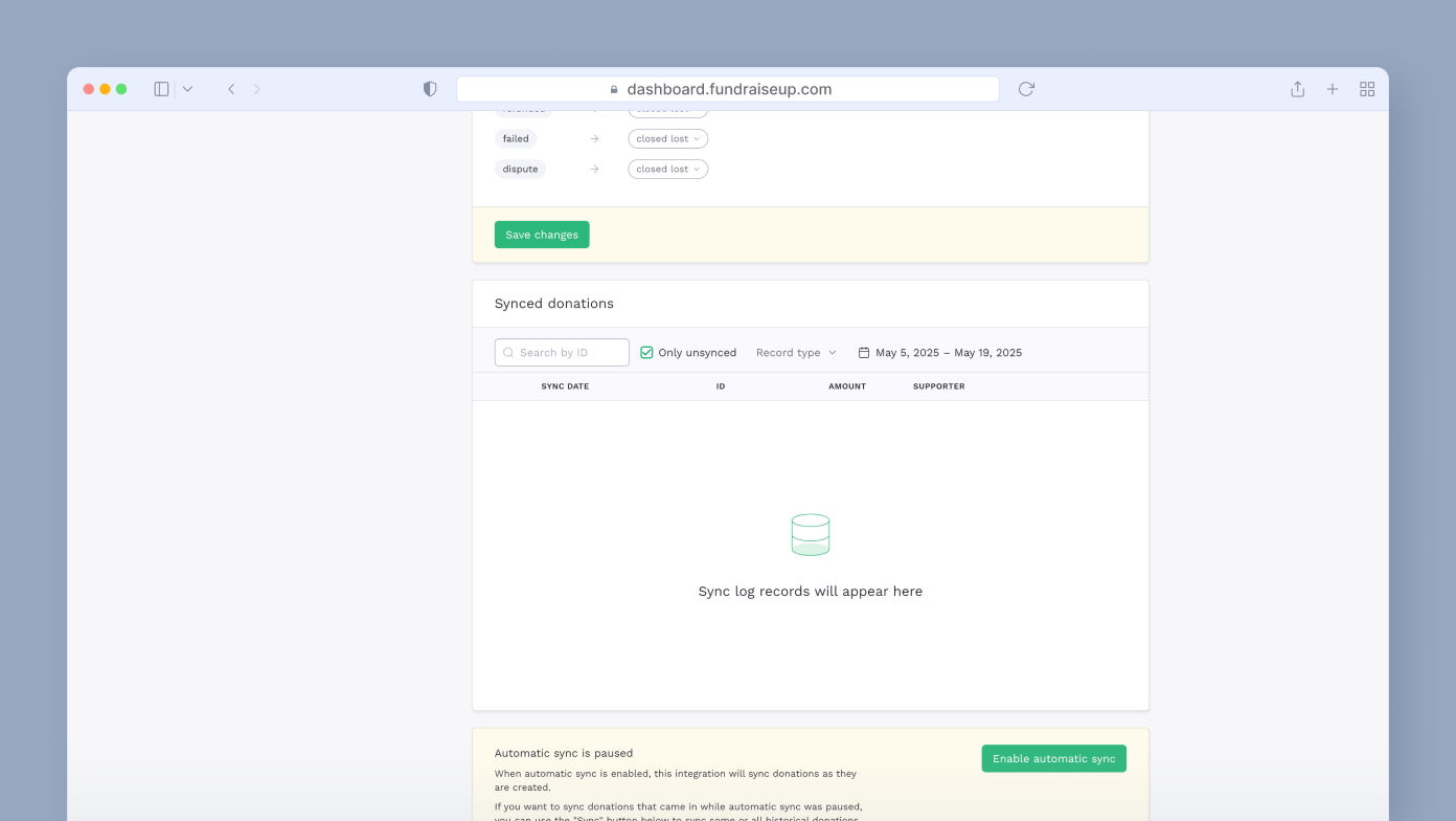 Dashboard interface for syncing donations, featuring options to search by ID and filter records. A message indicates that sync log records will appear in the empty section below. An option to enable automatic sync is also present.