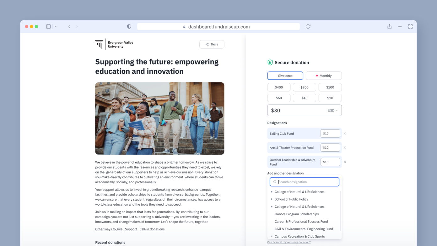 Group of diverse students standing on stairs outside a university building, engaging with their devices. Text on the left promotes educational support and innovation, while the right side shows a donation form with various fund options.