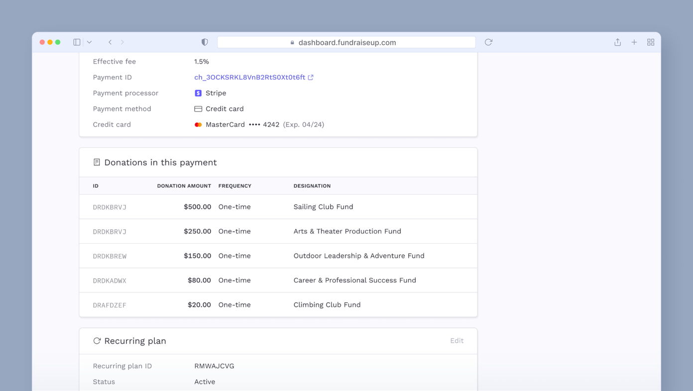 Donation summary showing amounts, frequencies, and designations for various funds, including Sailing Club Fund, Arts & Theater Production Fund, and others. Payment method listed as credit card with an effective fee of 1.5%.