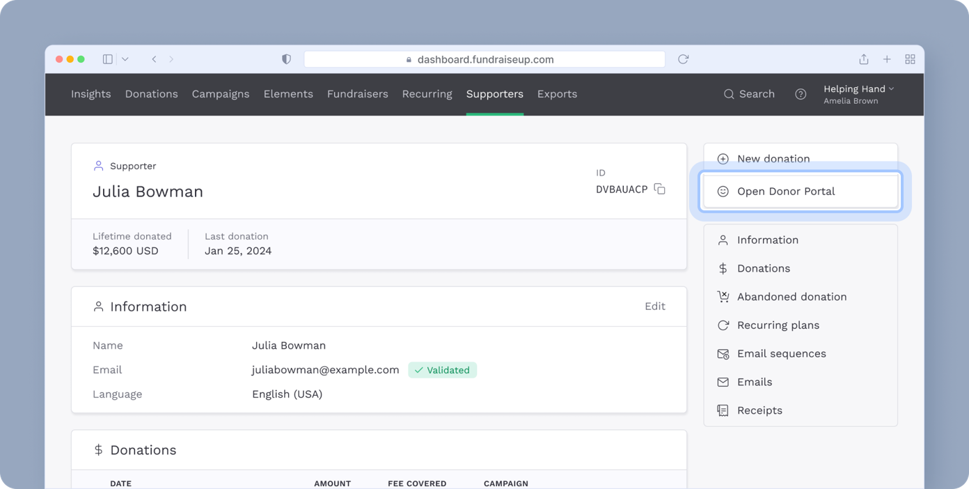 Supporter profile for Julia Bowman, showing lifetime donations of $12,600 and last donation date. Options to open the donor portal and view information, donations, and other account details are available.