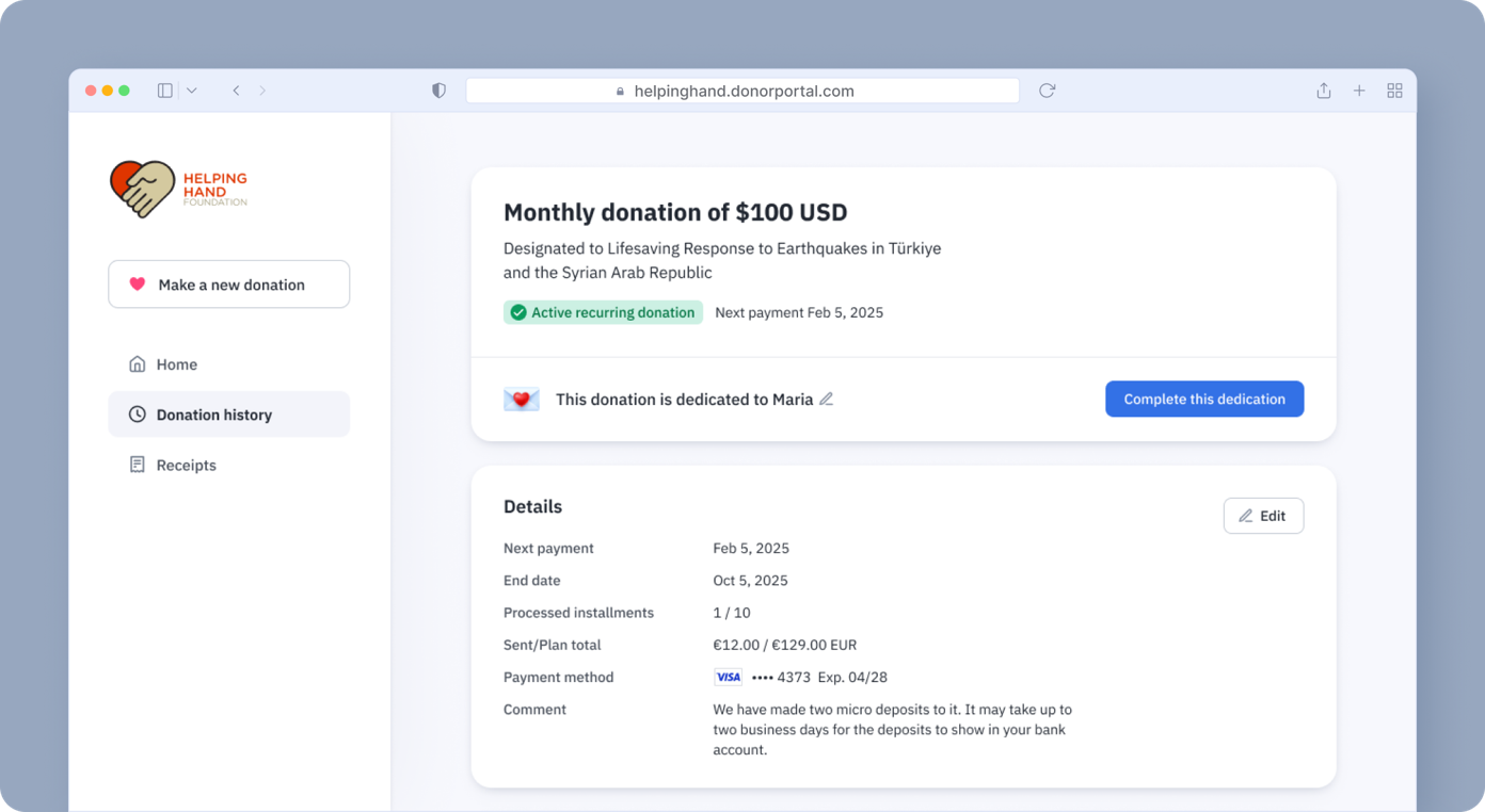 Monthly donation summary for $100 USD, designated for earthquake response in Turkey and Syria. Details include next payment date, payment method, and installment information. Option to complete donation dedication to Maria.
